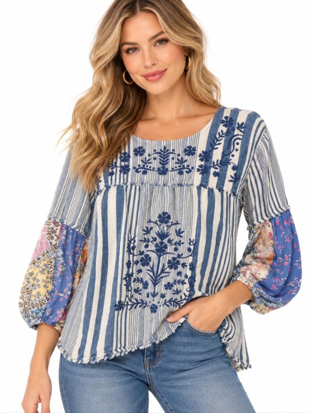 John Mark Blue Striped Floral Linen Bohemian Embroidered Peasant Blouse Sz XL